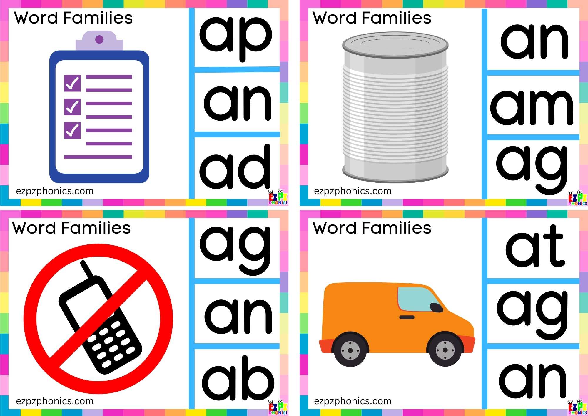 Word Family an Look at the image and clip the correct letters clip cards. This set includes the words; plan, ban, can and van